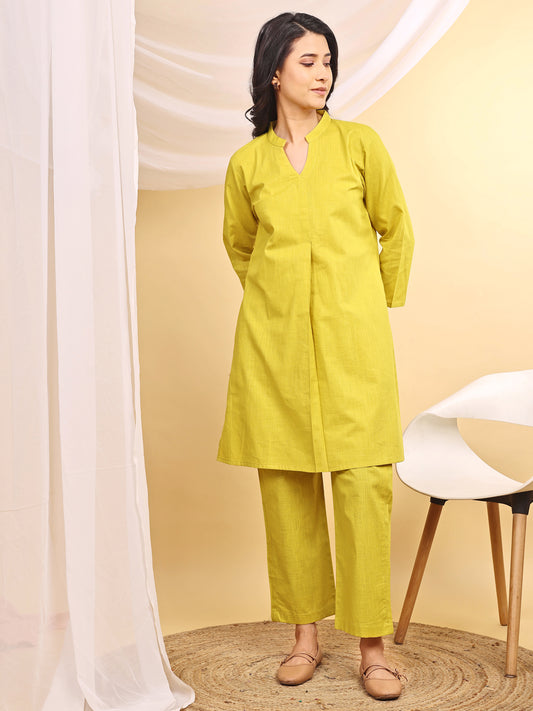 Yellow Cotton Mandarin Collar Airy Kurta Set