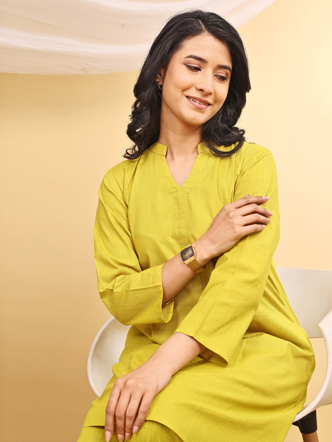 Yellow Cotton Mandarin Collar Airy Kurta