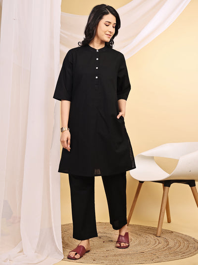 Black Cotton Mid-Length Kurta