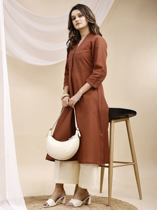 Brown A Line Collar Threadwork Linen Kurta with Palazzo