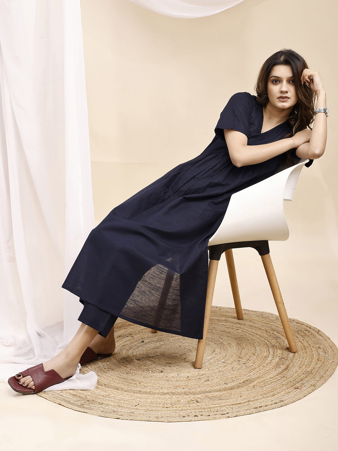 Navy Blue Pleated A Line Linen Kurta Set