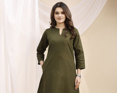 Olive V Neck Linen Kurta Set
