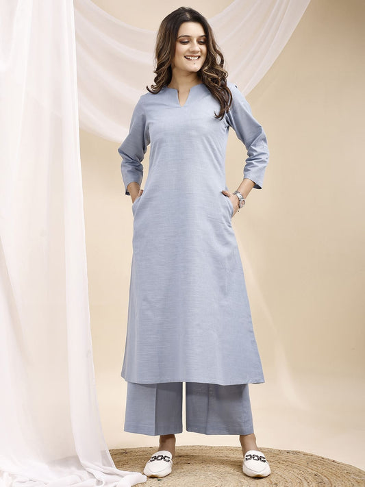 Sea Blue V Neck Cotton Kurta Set