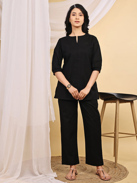 Black V-Neck Cotton Short Kurti Set
