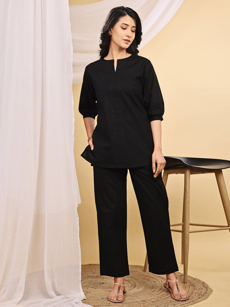 Black V-Neck Cotton Short Kurti Set