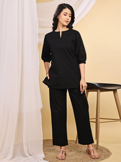 Black V-Neck Cotton Short Kurti