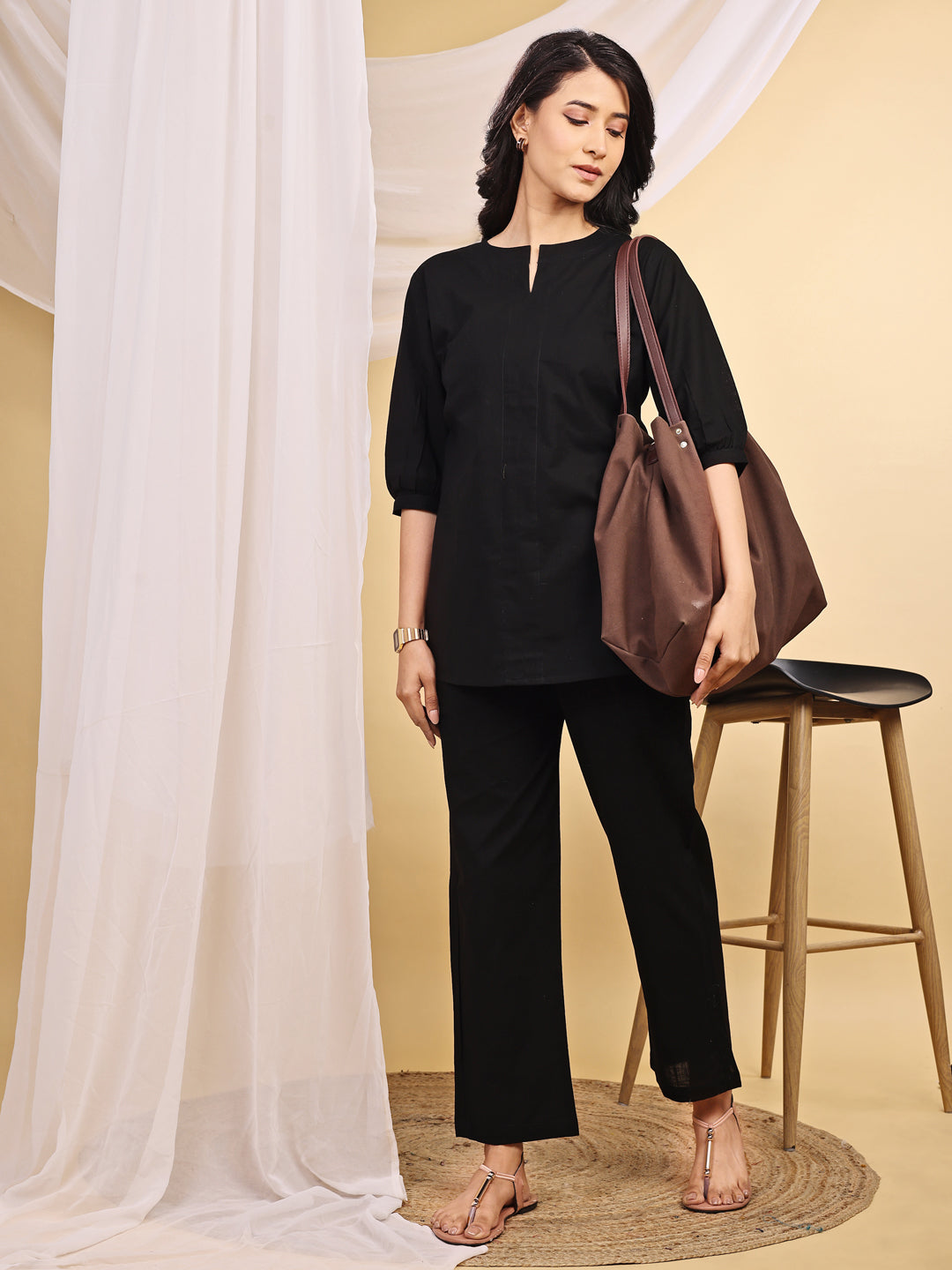 Black V-Neck Cotton Short Kurti Set