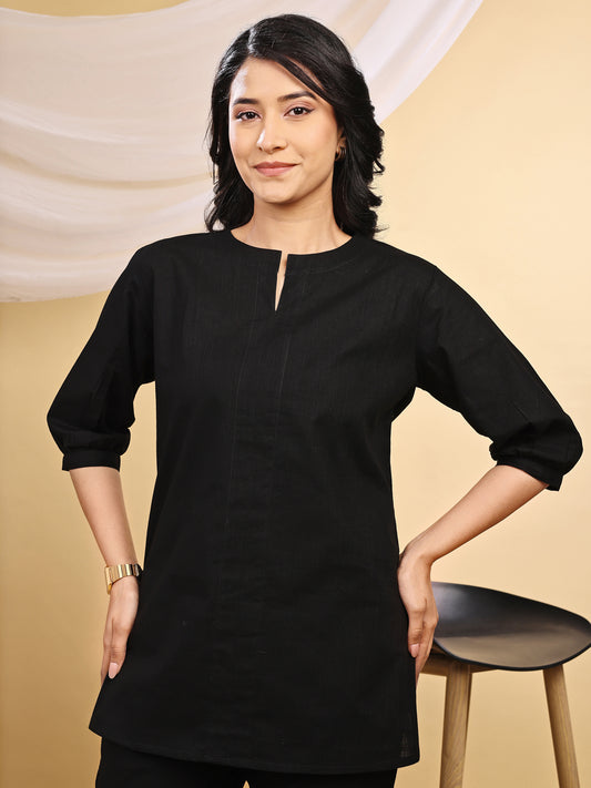 Black V-Neck Cotton Short Kurti