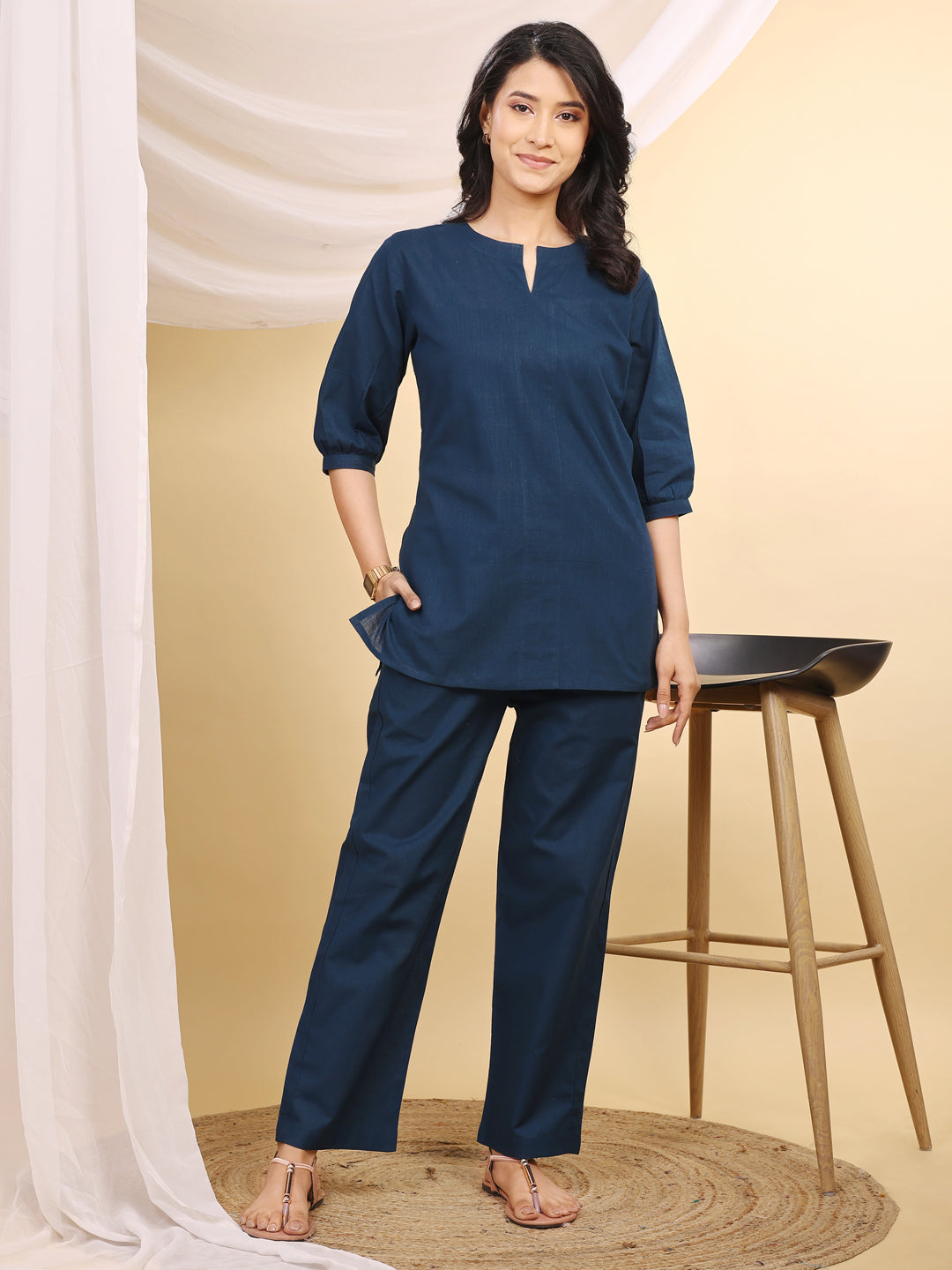 Teal V-Neck Cotton Short Kurti Set