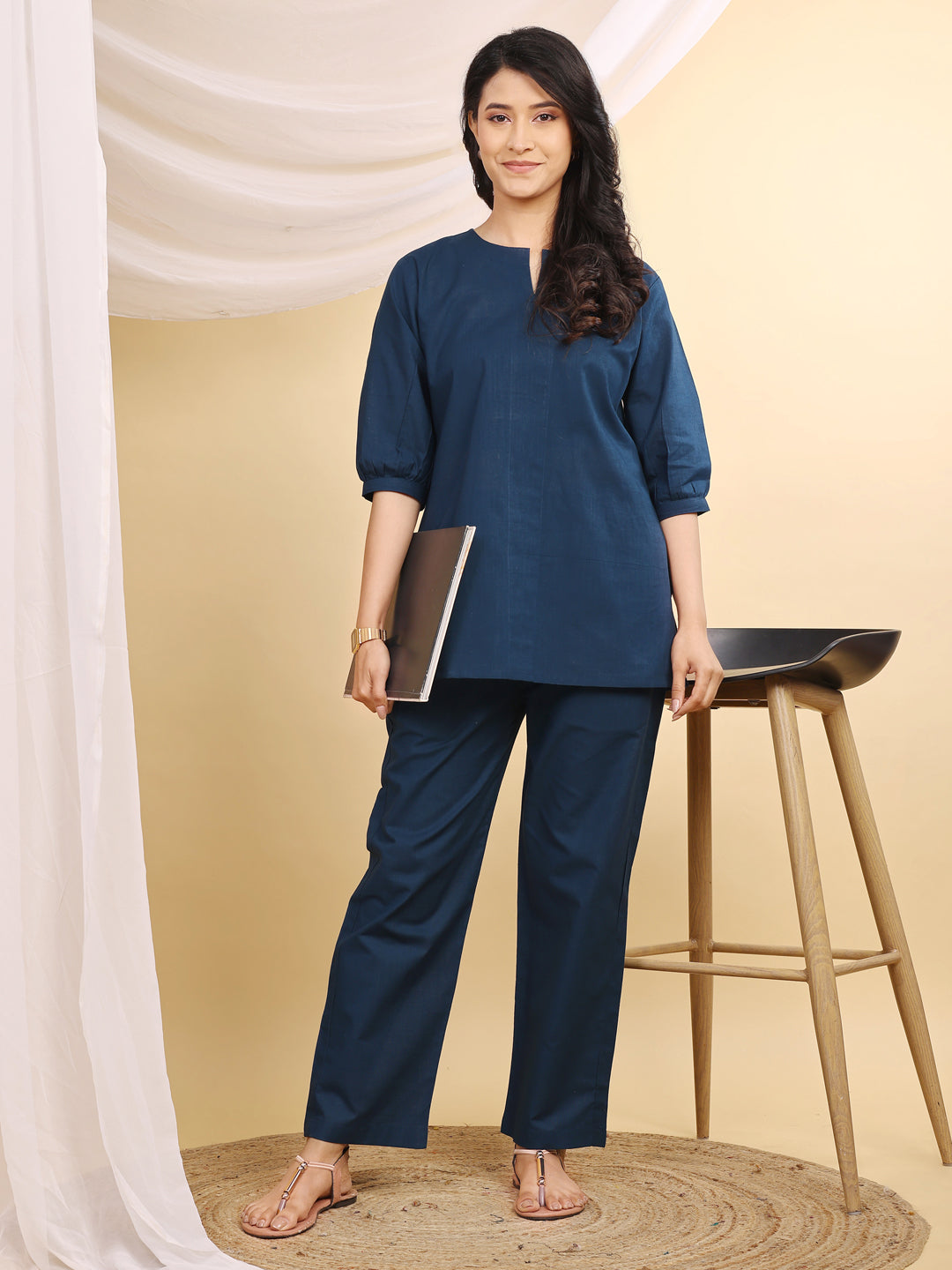 Teal V-Neck Cotton Short Kurti Set
