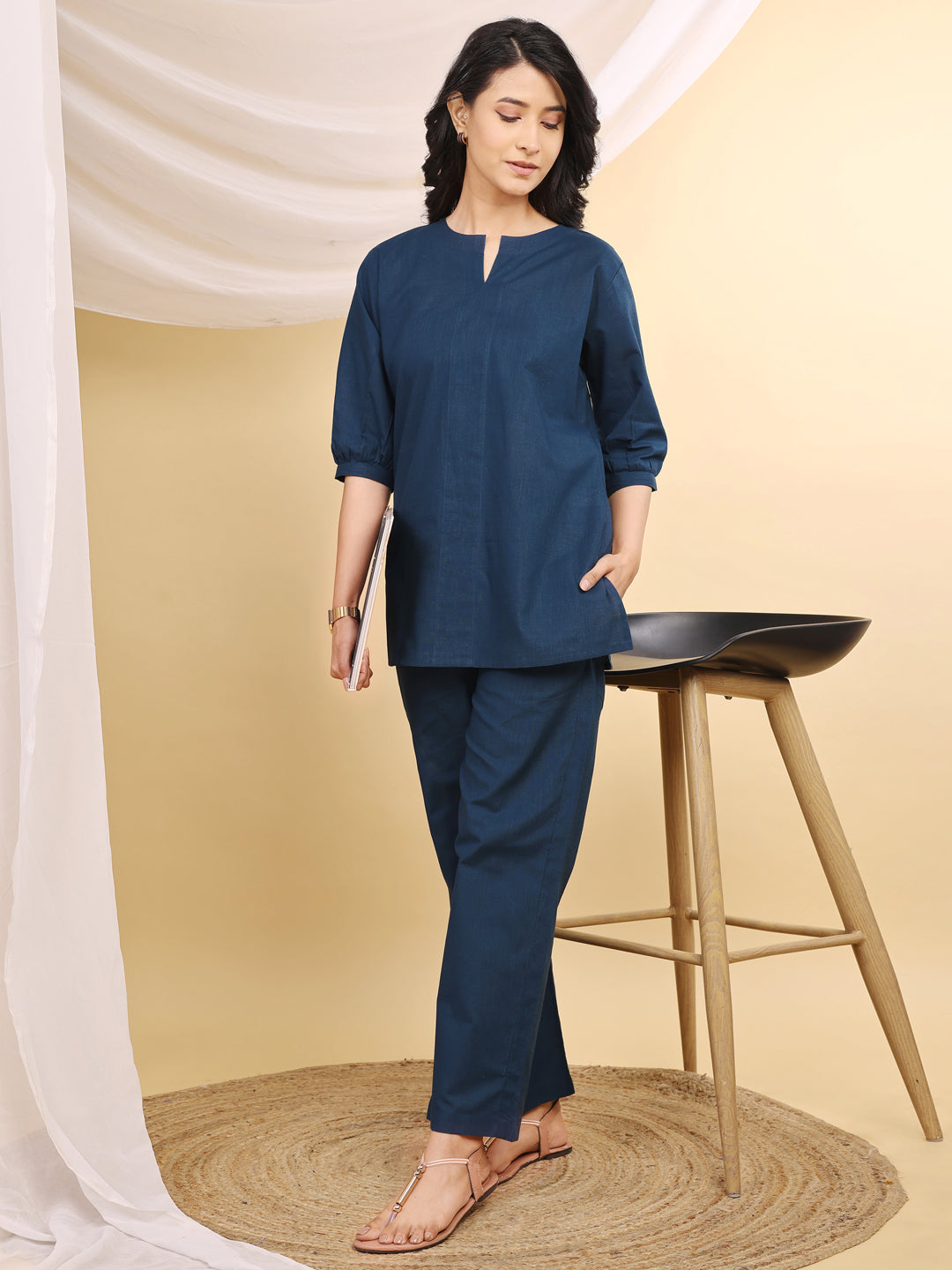 Teal V-Neck Cotton Short Kurti