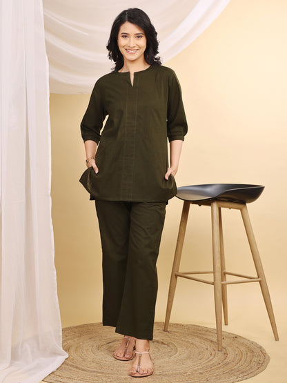 Olive V-Neck Cotton Short Kurti Set
