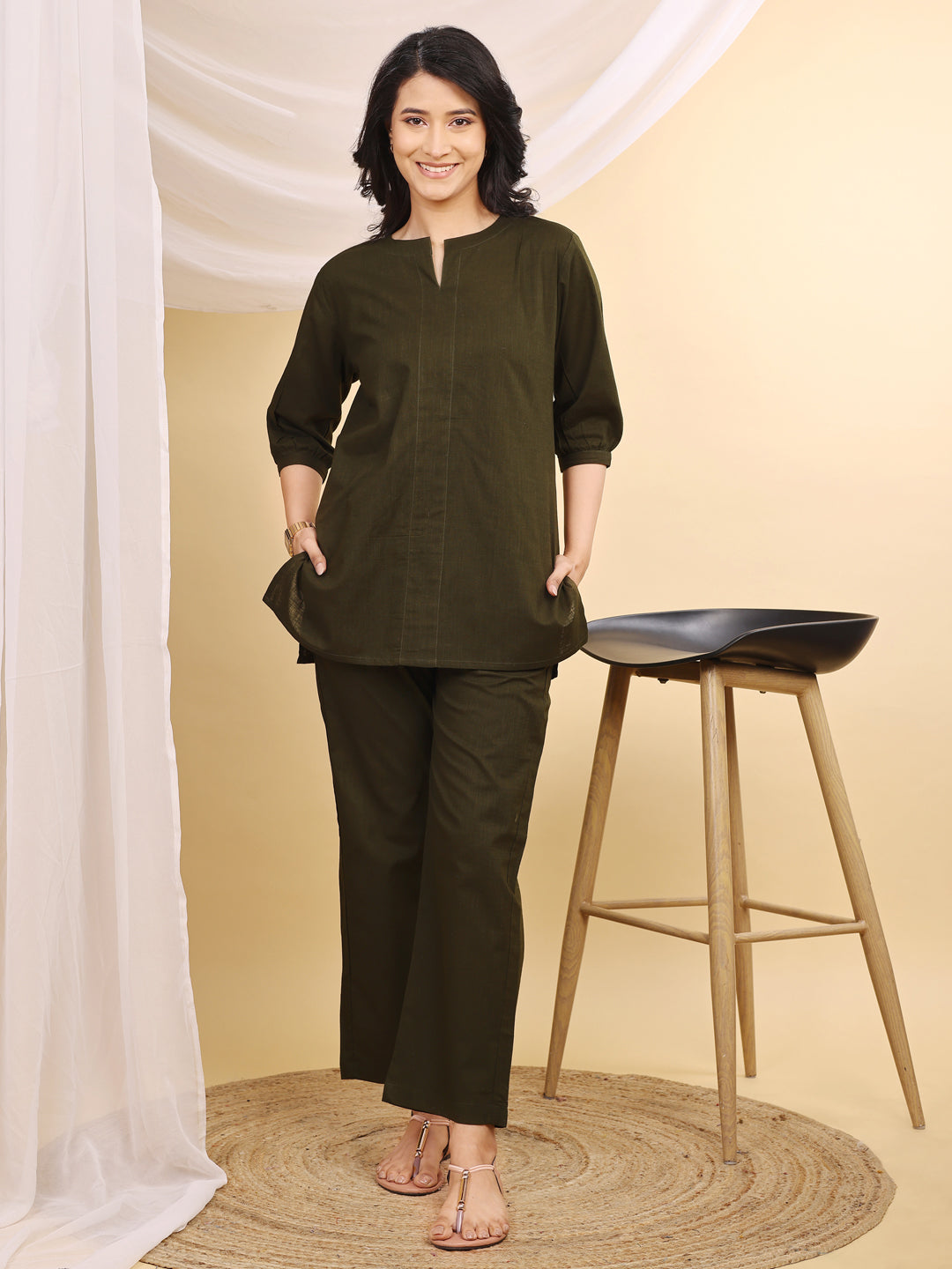 Olive V-Neck Cotton Short Kurti