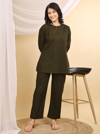Olive V-Neck Cotton Short Kurti Set