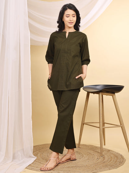 Olive V-Neck Cotton Short Kurti Set