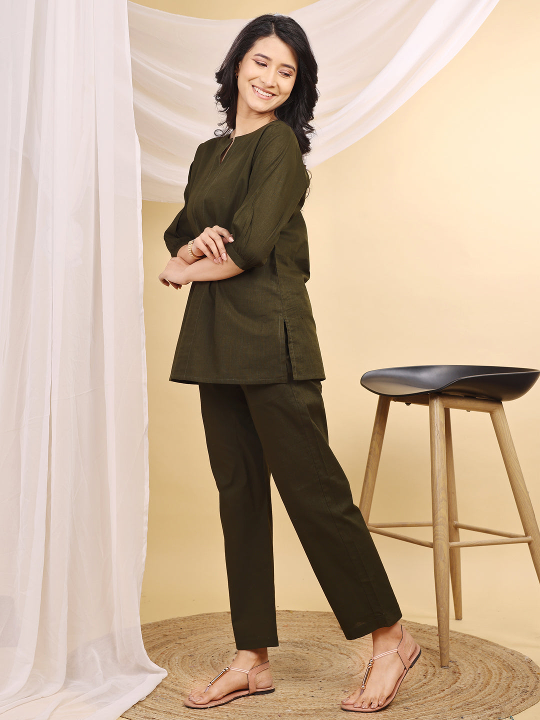 Olive V-Neck Cotton Short Kurti