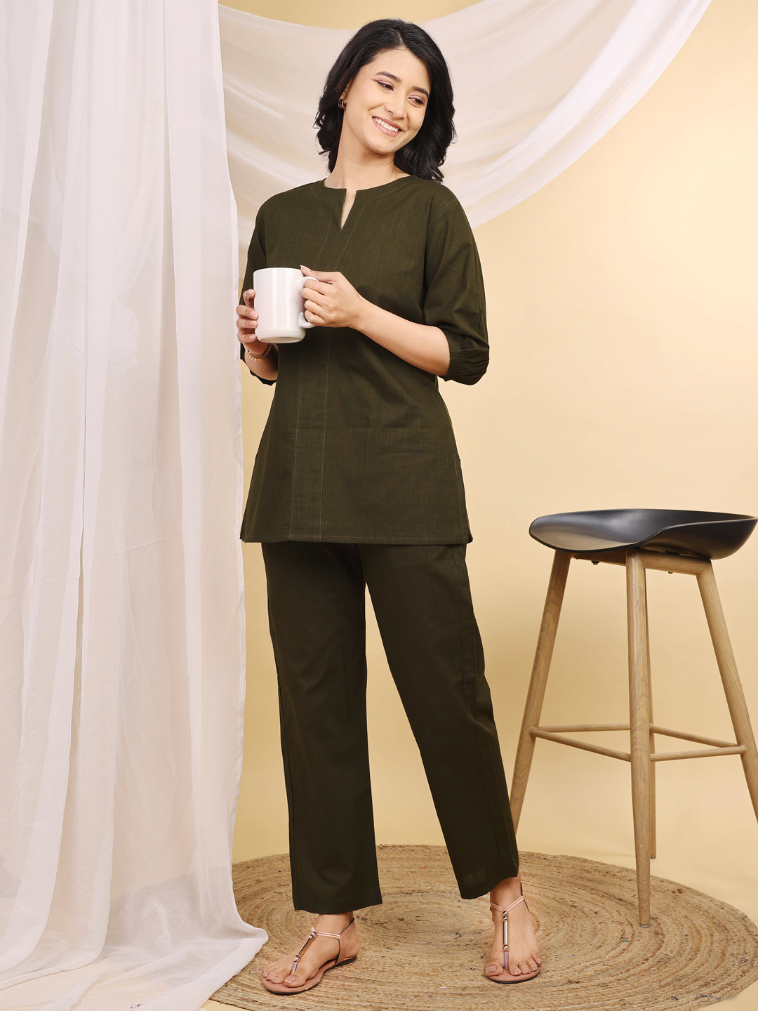 Olive V-Neck Cotton Short Kurti Set