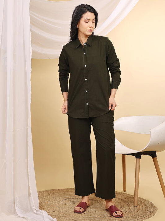 Olive Formal Collared Cotton Co-Ord Set