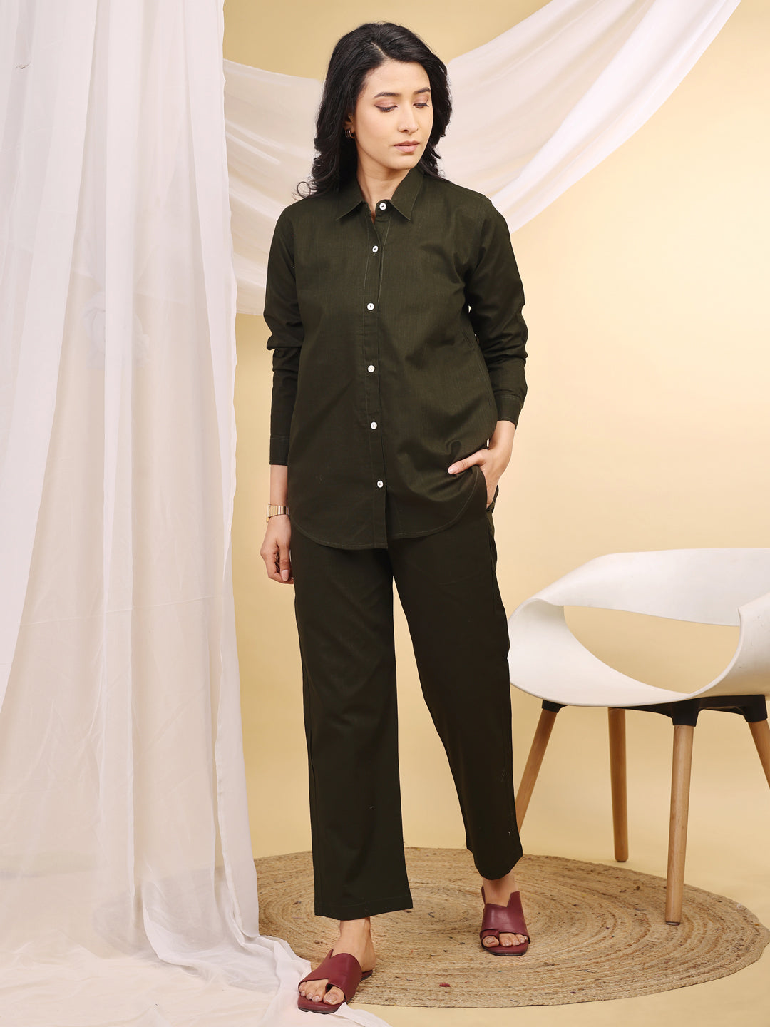 Olive Formal Collared Cotton Co-Ord Set