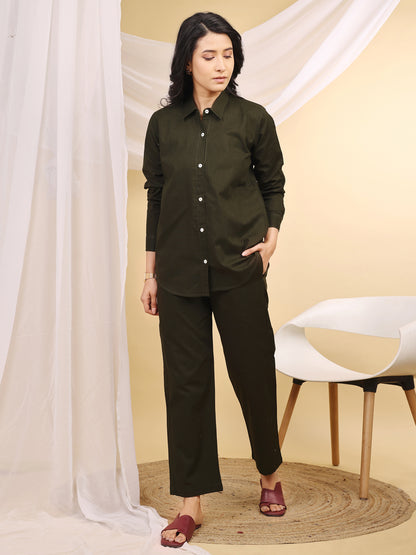 Olive Formal Collared Cotton Co-Ord Set
