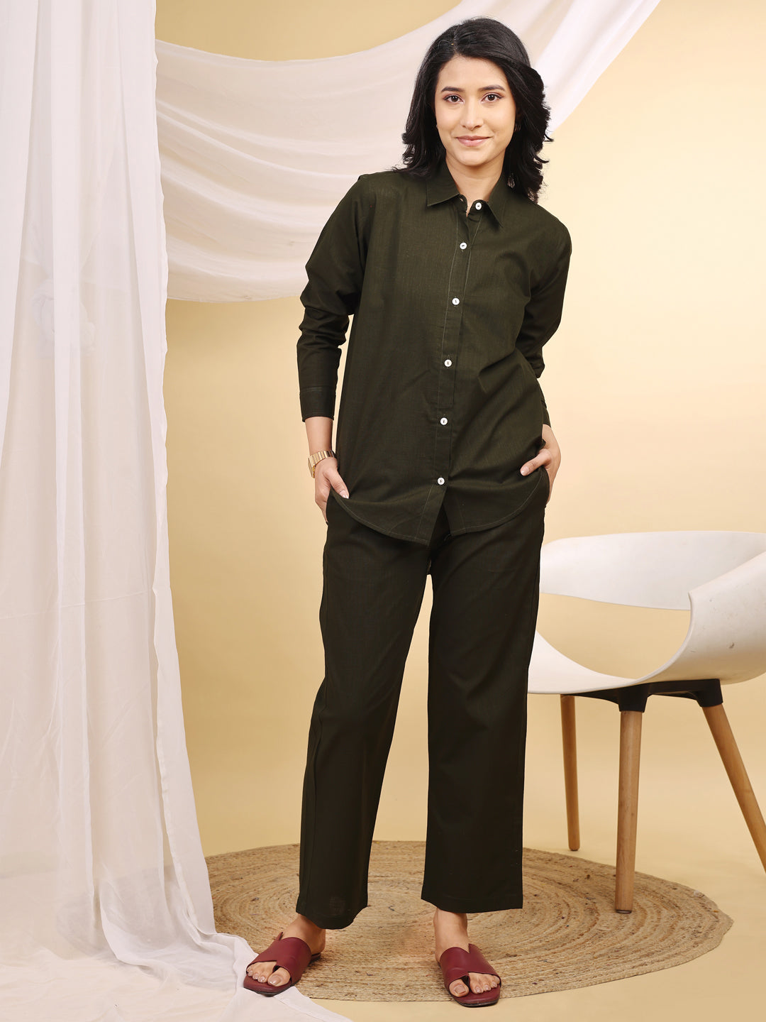 Olive Formal Collared Cotton Co-Ord Set