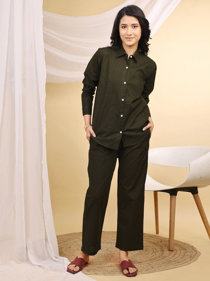 Olive Formal Collared Cotton Co-Ord Set