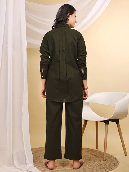 Olive Formal Collared Cotton Co-Ord Set