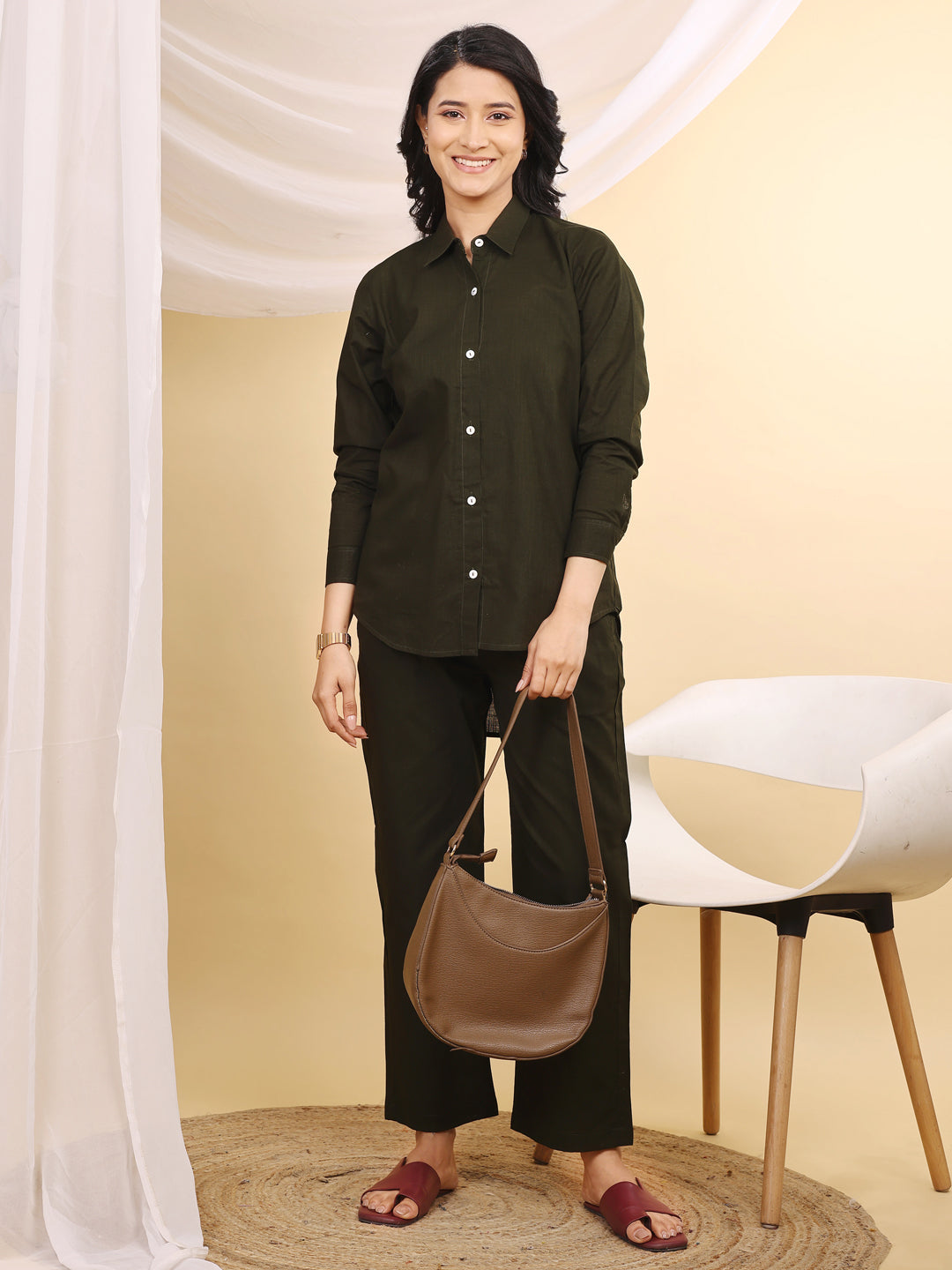 Olive Formal Collared Cotton Co-Ord Set