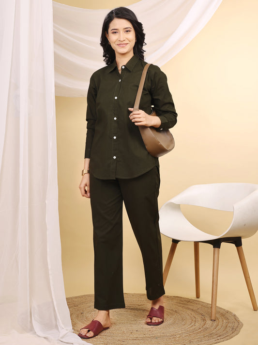 Olive Formal Collared Cotton Co-Ord Set