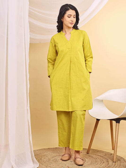 Yellow Cotton Mandarin Collar Airy Kurta Set