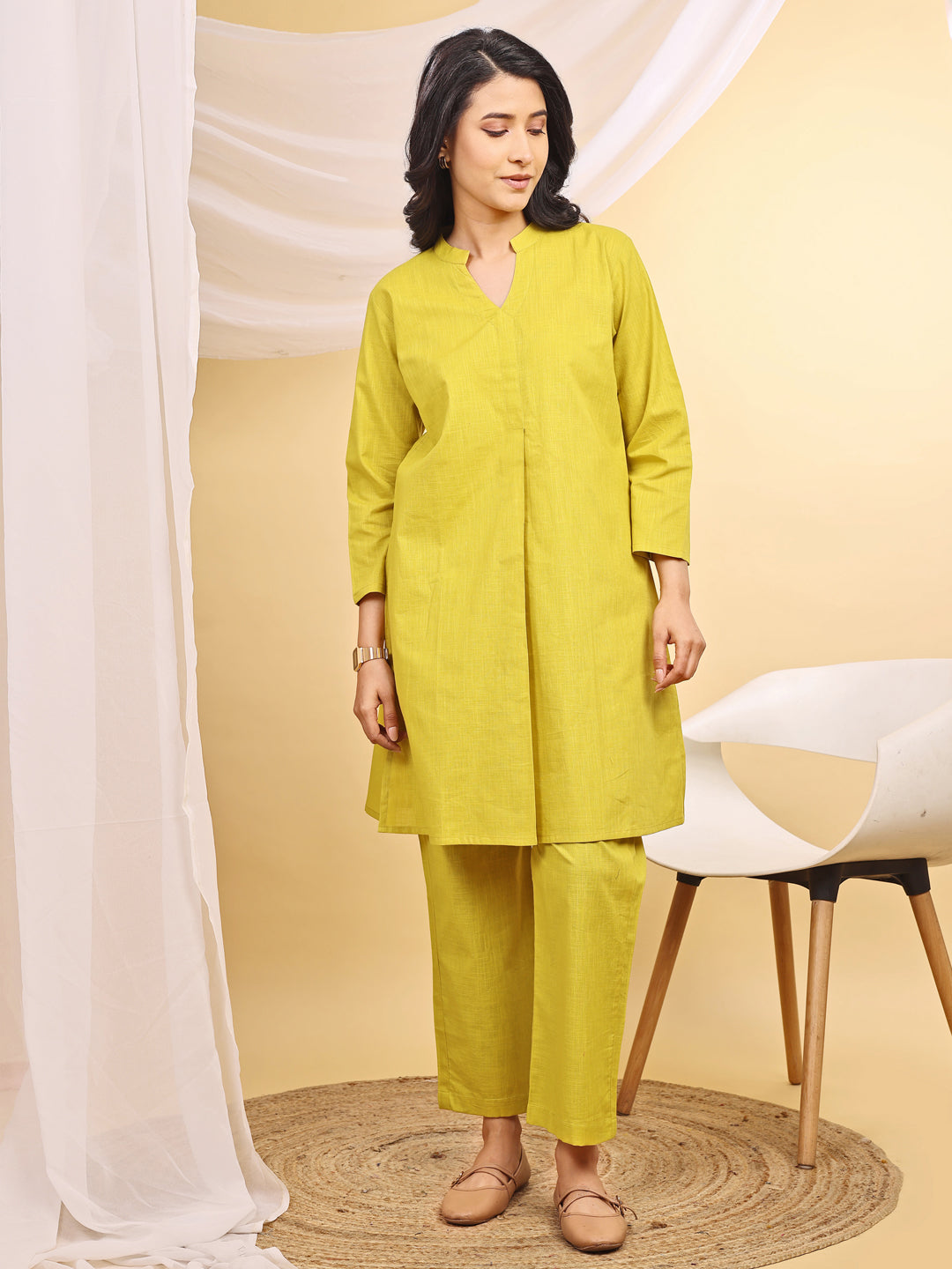 Yellow Cotton Mandarin Collar Airy Kurta