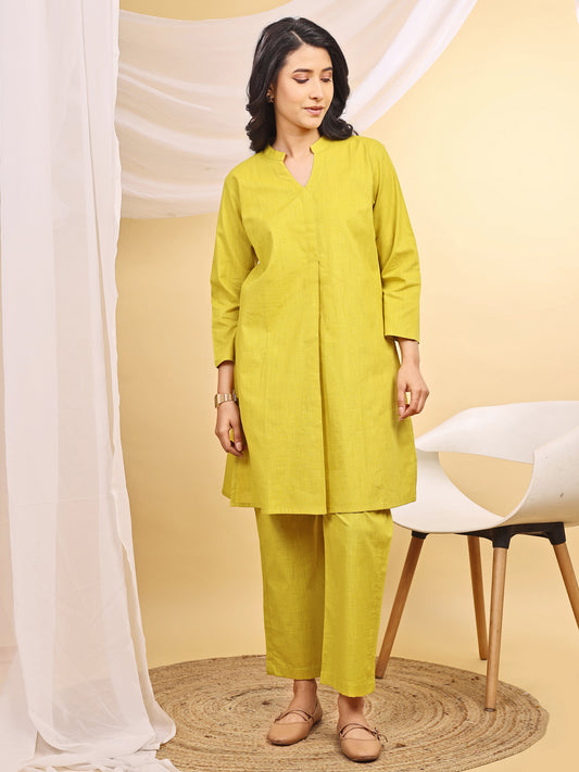 Yellow Cotton Mandarin Collar Airy Kurta