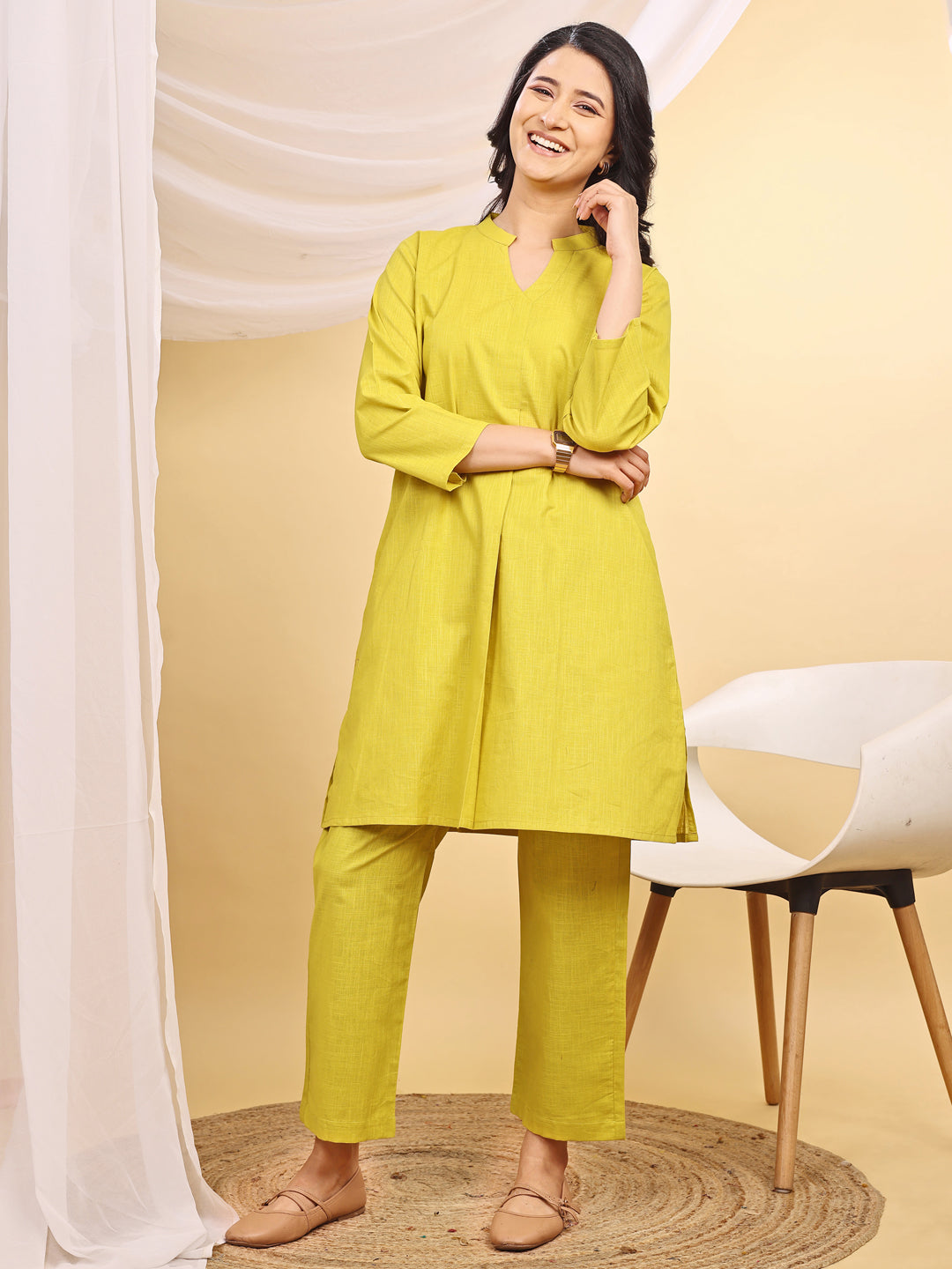 Yellow Cotton Mandarin Collar Airy Kurta Set