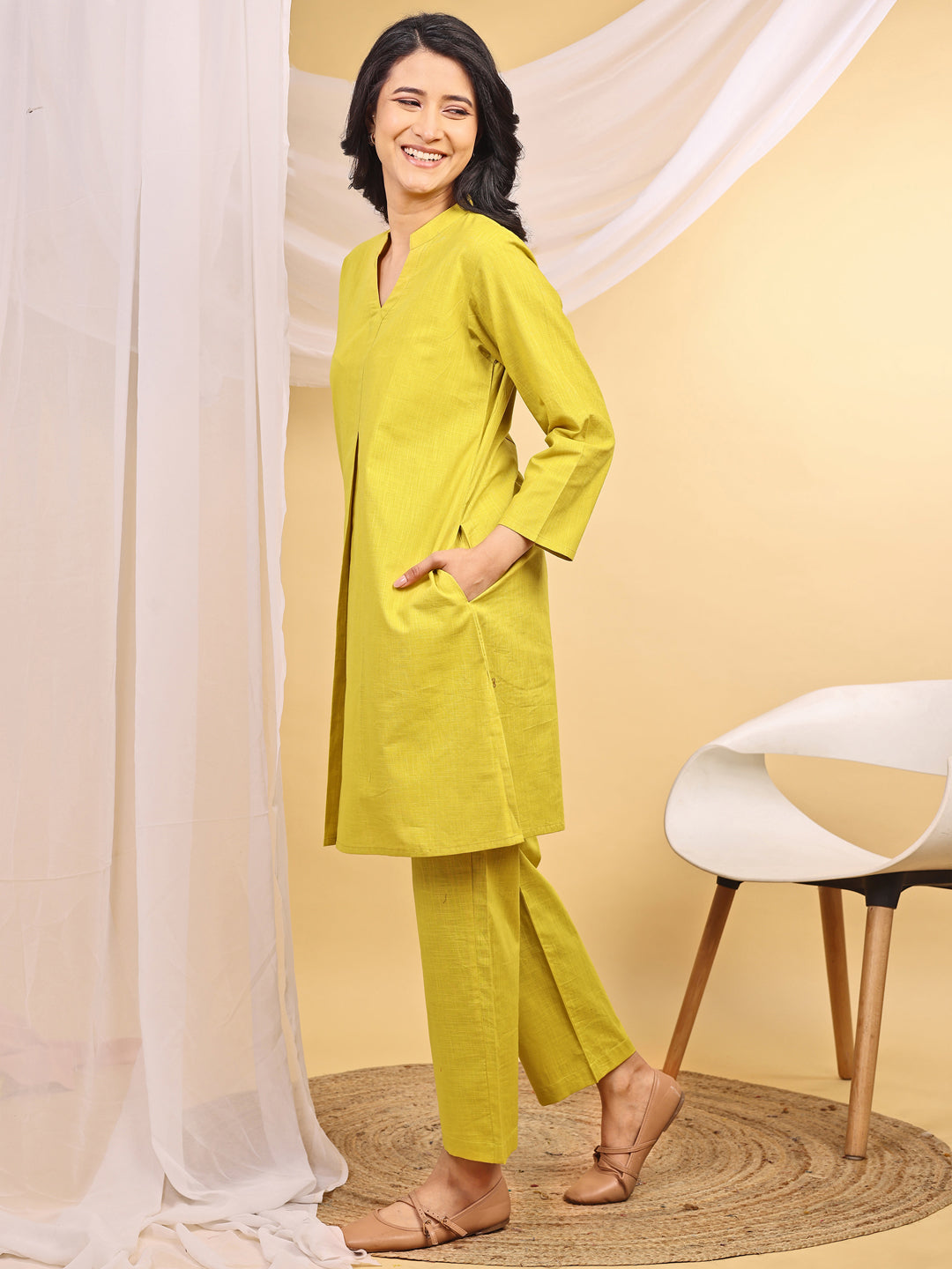 Yellow Cotton Mandarin Collar Airy Kurta