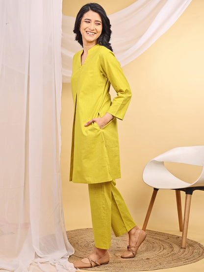 Yellow Cotton Mandarin Collar Airy Kurta