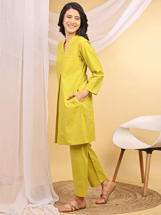 Yellow Cotton Mandarin Collar Airy Kurta