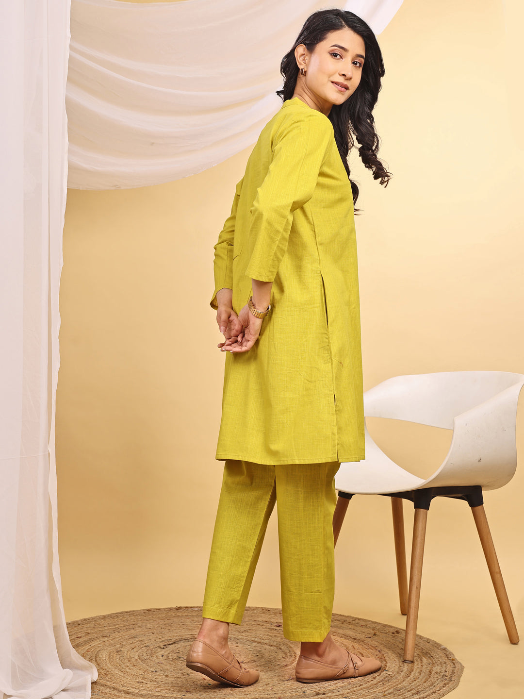 Yellow Cotton Mandarin Collar Airy Kurta Set