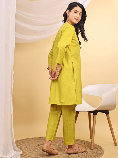 Yellow Cotton Mandarin Collar Airy Kurta Set