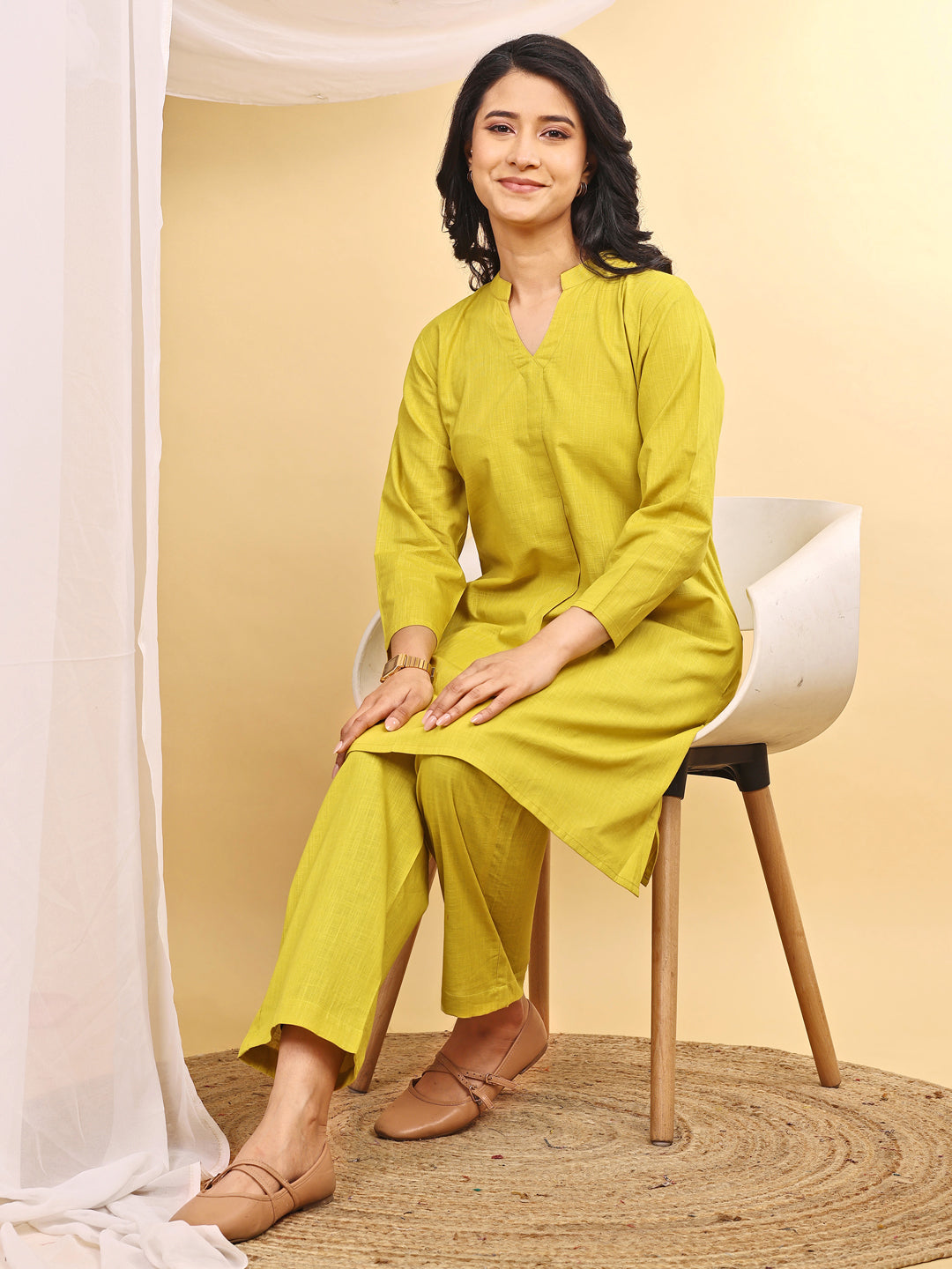 Yellow Cotton Mandarin Collar Airy Kurta Set