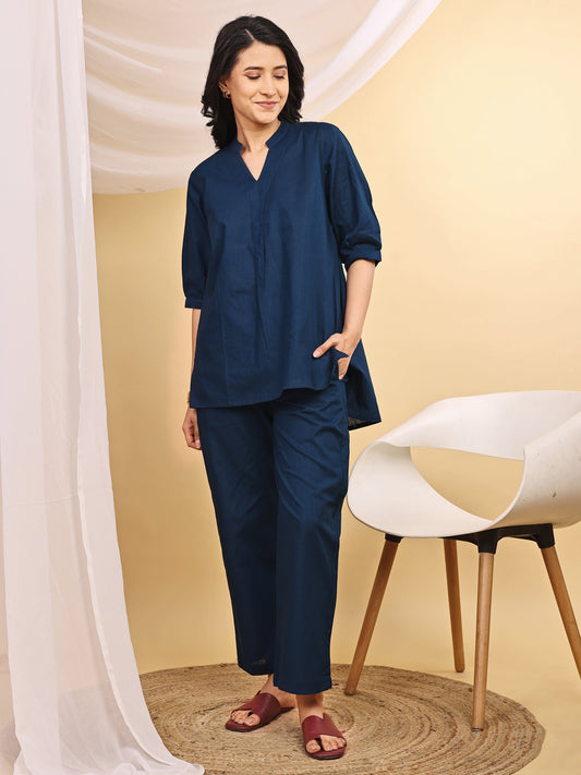Teal Straight Fit Cotton Kurta Set