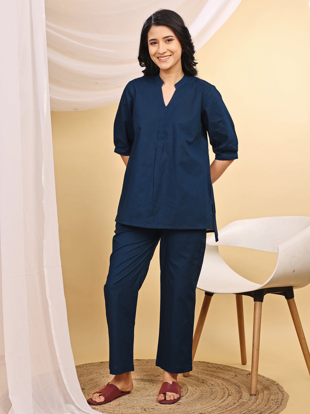 Teal Straight Fit Cotton Kurta Set