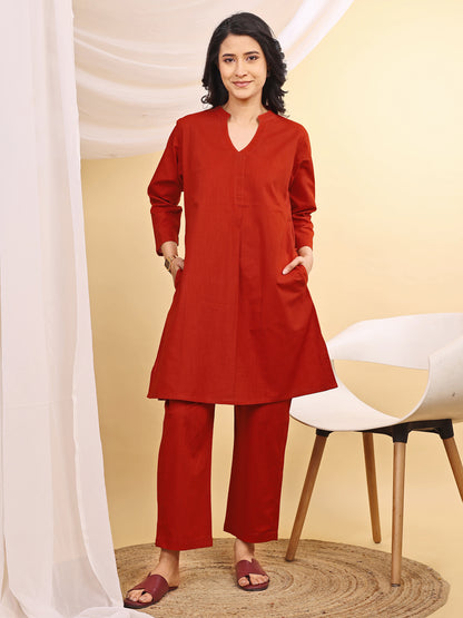 Rust Cotton Mandarin Collar Airy Kurta Set