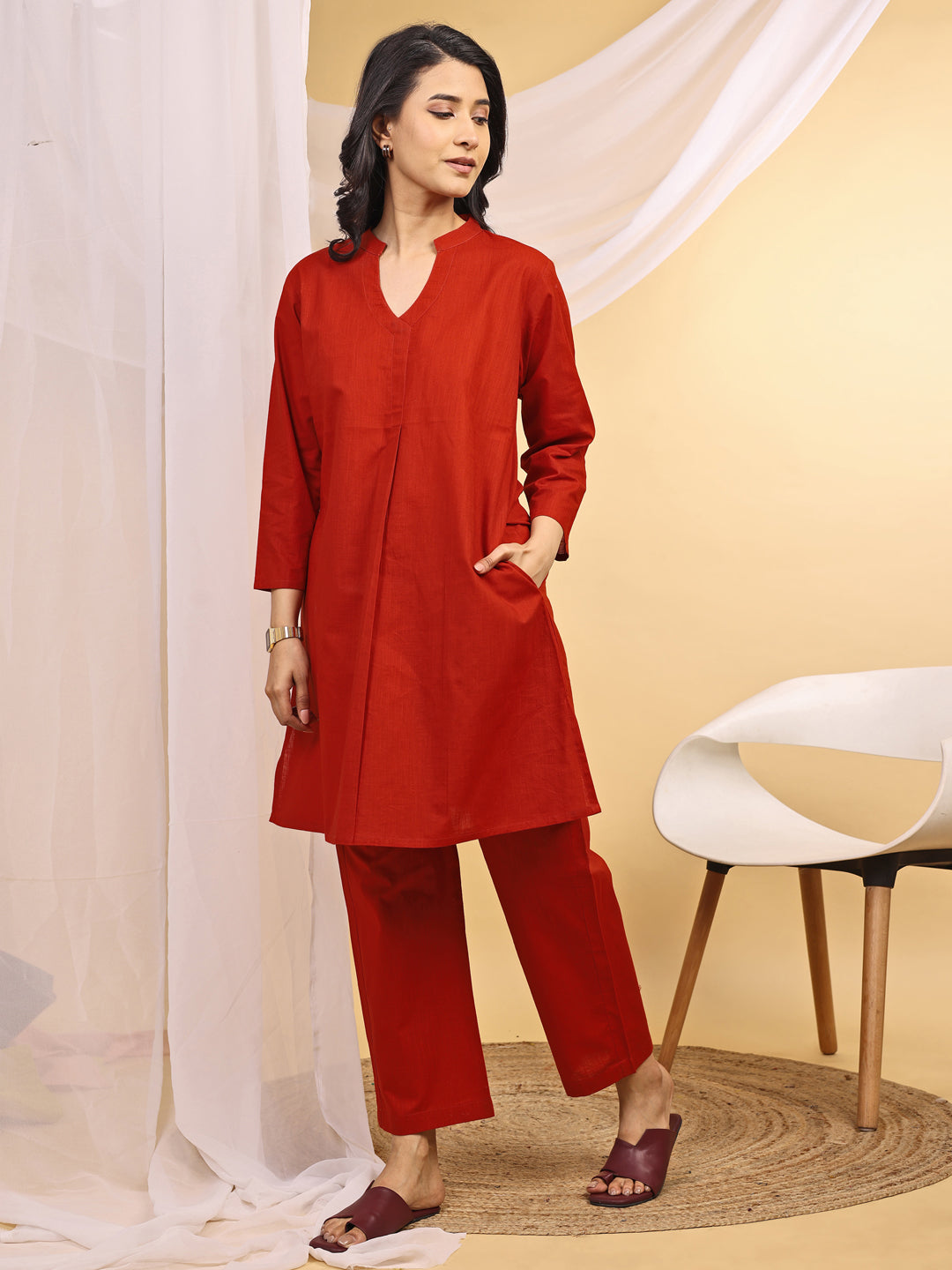 Rust Cotton Mandarin Collar Airy Kurta Set