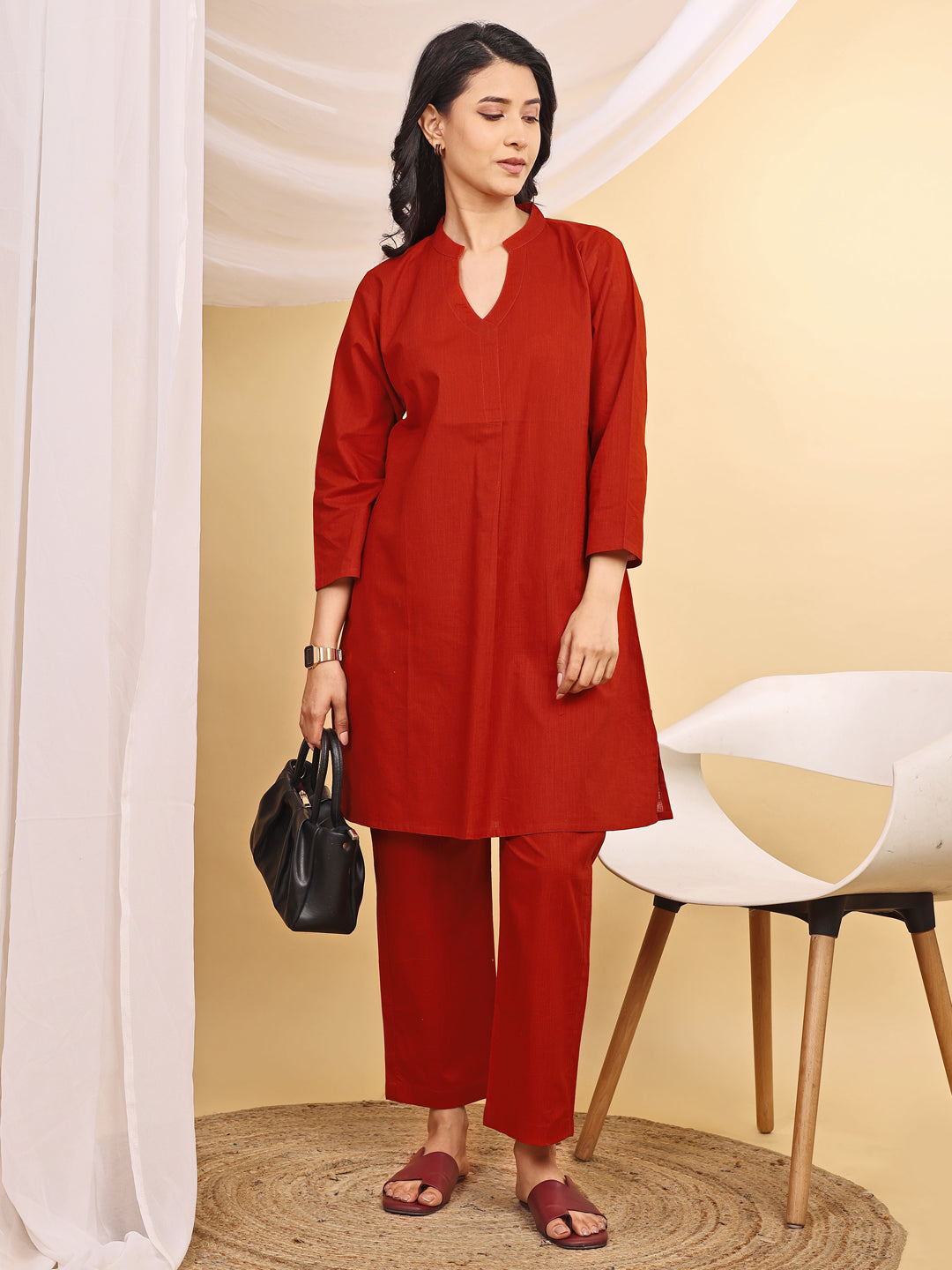 Rust Cotton Mandarin Collar Airy Kurta Set