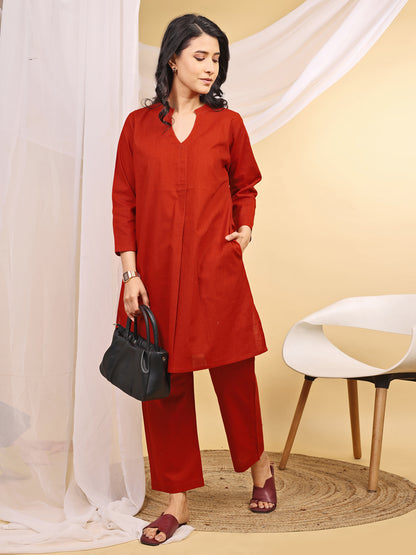 Rust Cotton Mandarin Collar Airy Kurta Set