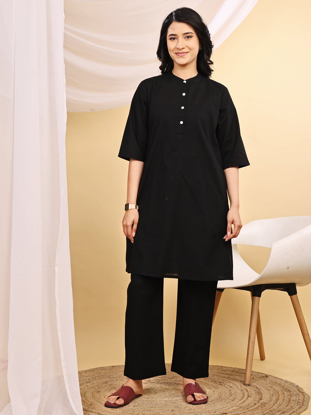 Black Cotton Mid-Length Kurta