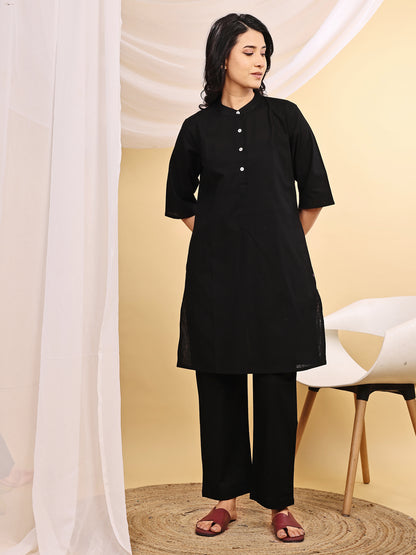 Black Cotton Mid-Length Kurta