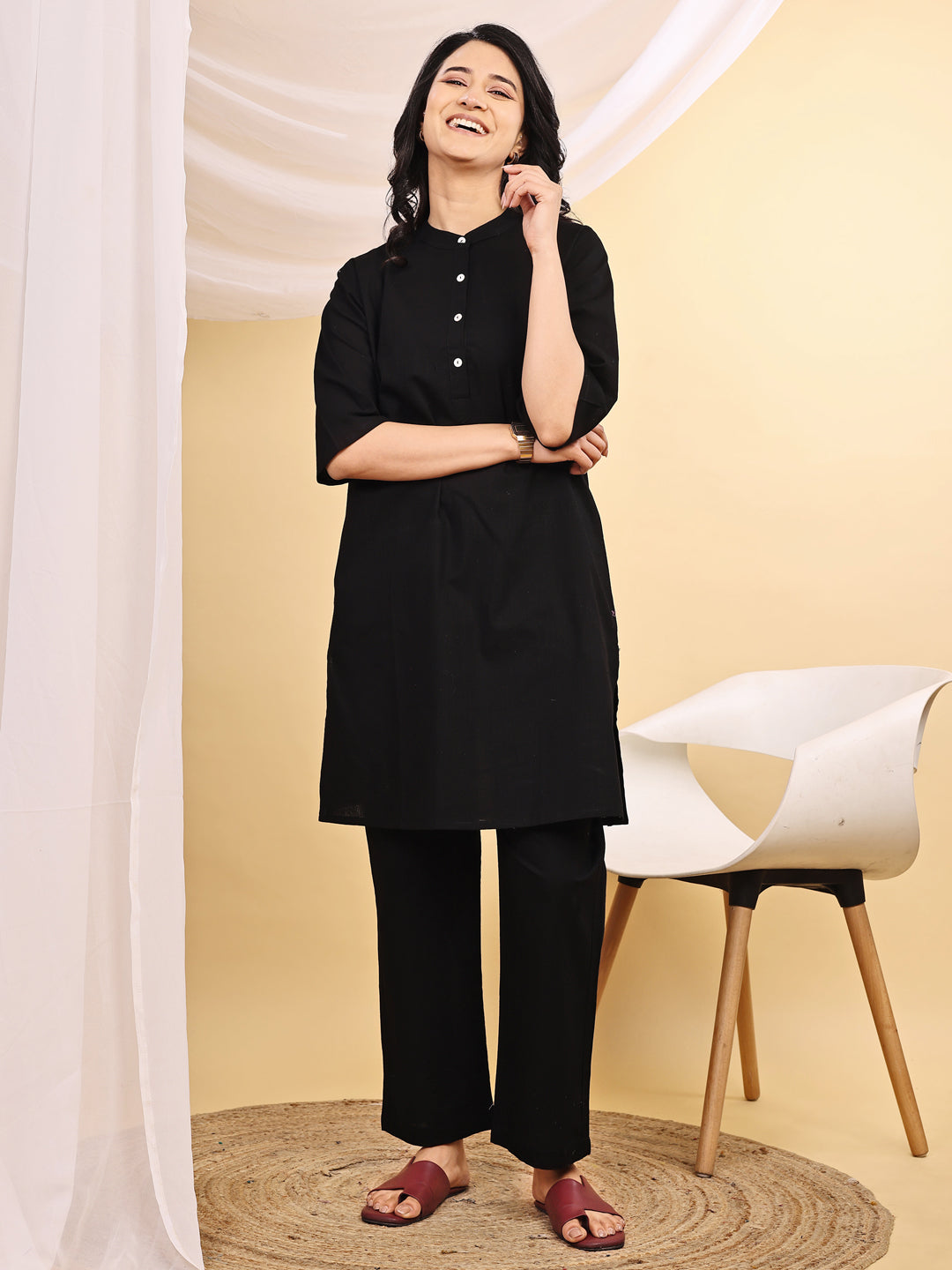 Black Cotton Mid-Length Kurta