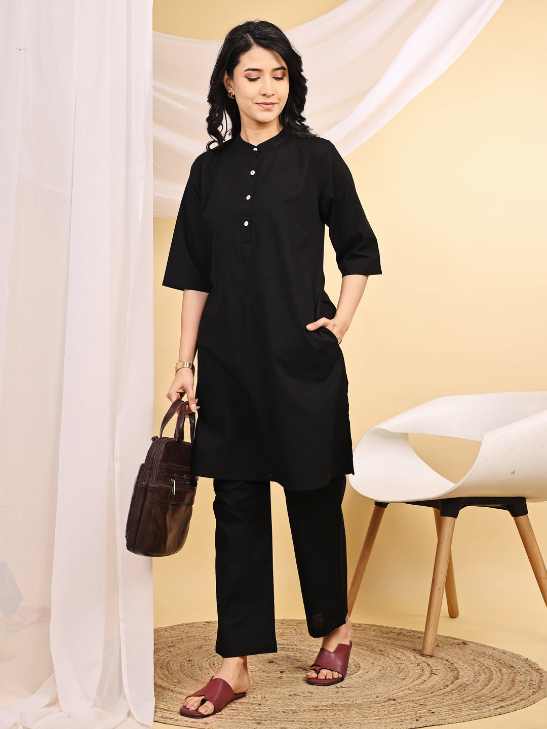 Black Cotton Mid-Length Kurta