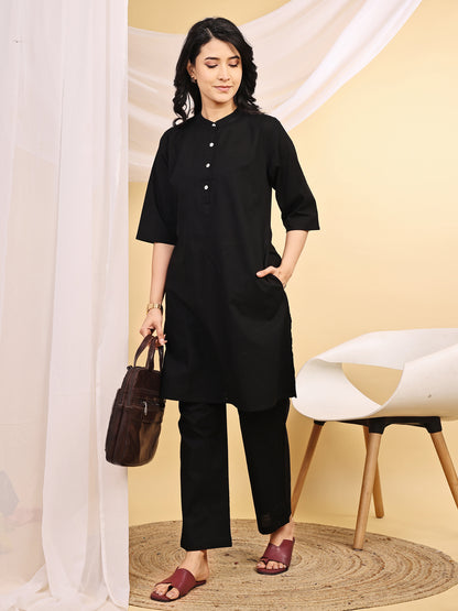 Black Cotton Mid-Length Kurta